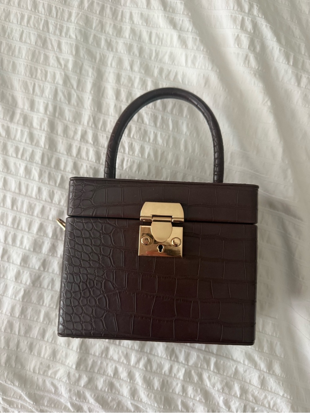 Structured Croc-Embossed Top Handle Bag in Dark Brown